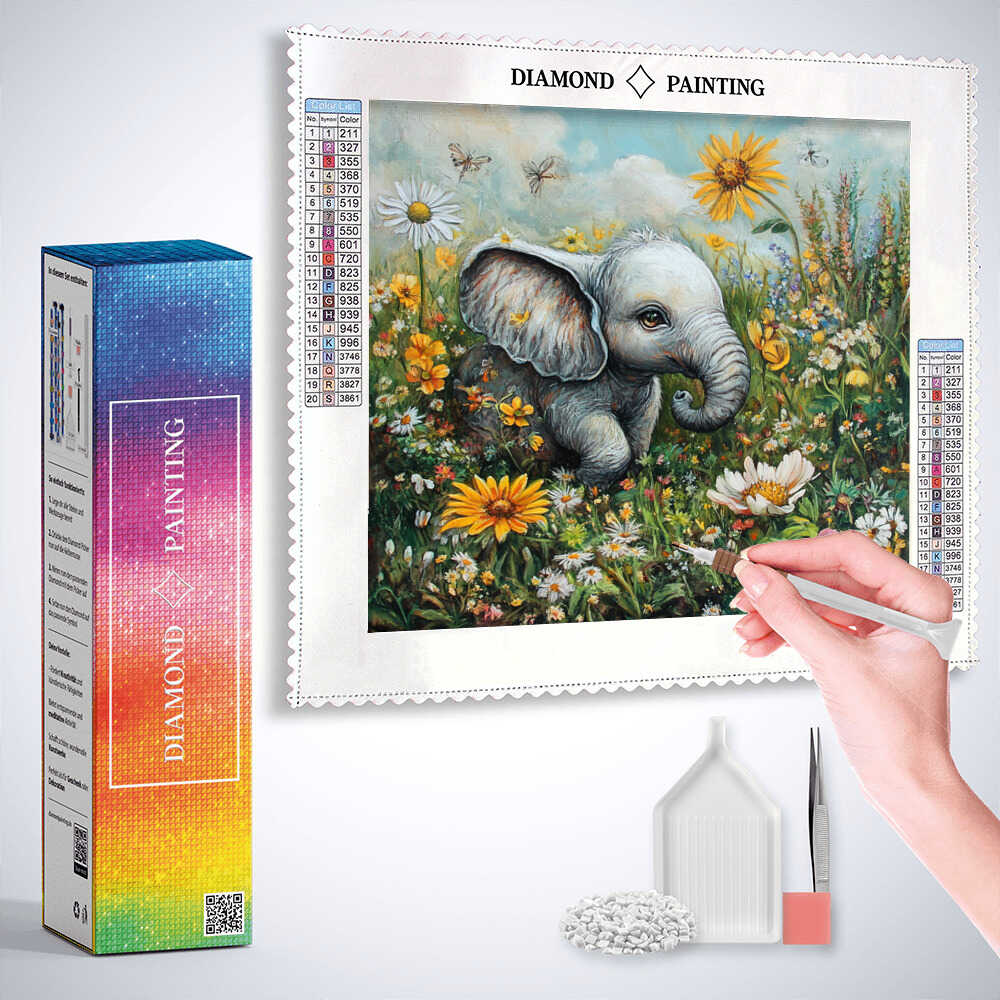 Baby Elephant in Spring Flowers — Diamond Painting Kit, product view 3