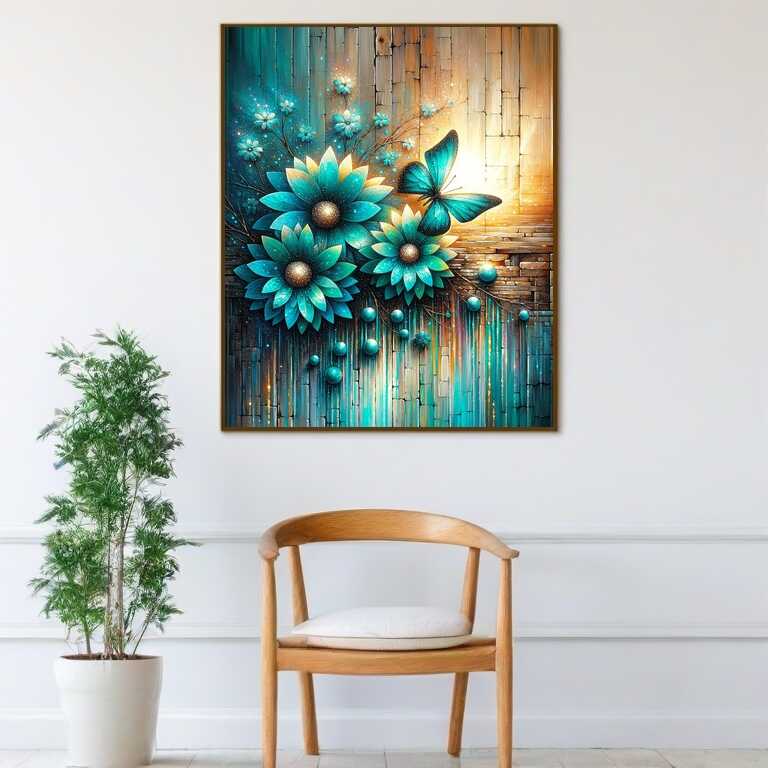 Three turquoise flowers — Diamond Painting Kit, product view 2