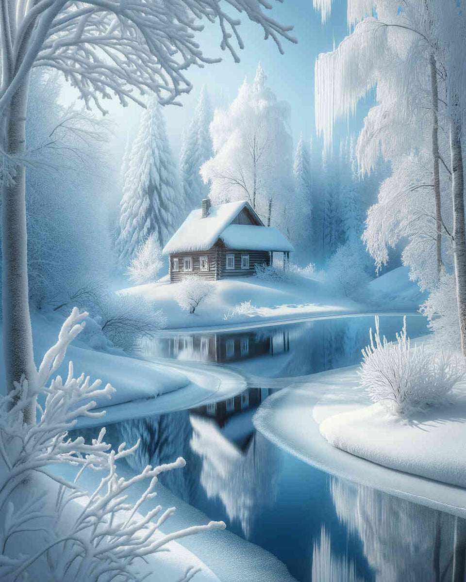 House by the river in the snow — Diamond Painting Kit design