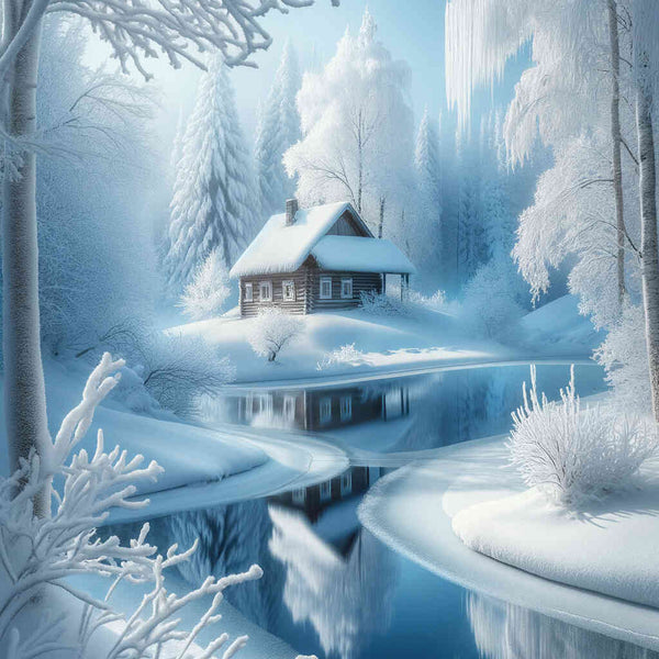 House by the river in the snow — Diamond Painting Kit design