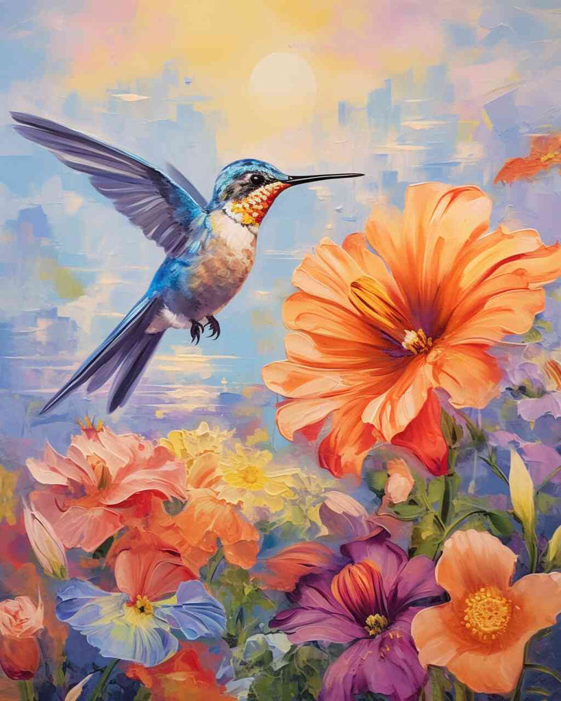 Hummingbird hovers over colorful flowers in a sky's dance of colors, with dusk light highlighting orange, violet, and blue flowers in an impressionist style.