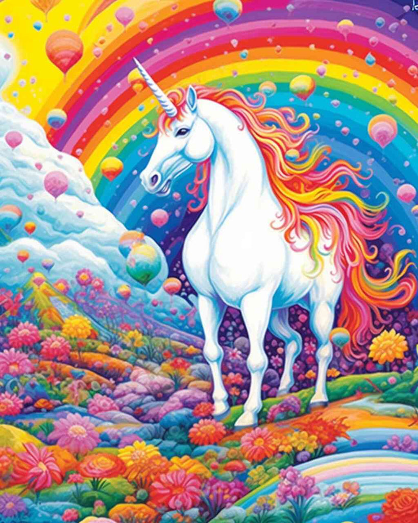 Majestic white unicorn with rainbow mane in magical landscape, colorful flowers, floating islands, and vibrant sky in diamond painting.