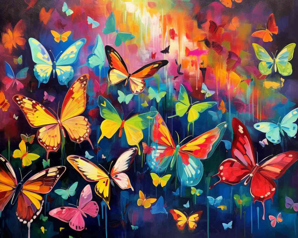 DIY diamond painting featuring vibrant butterflies of various colors, creating a lively and dynamic scene in butterfly symphony.