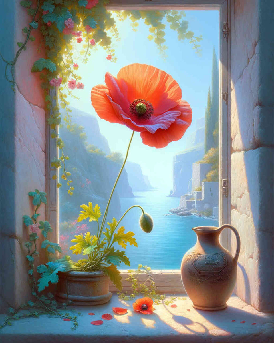 Poppy flower on windowsill — Diamond Painting Kit design