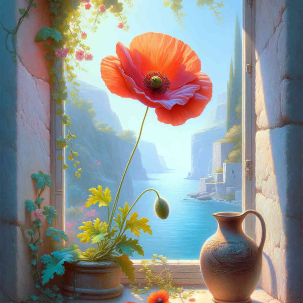Poppy flower on windowsill — Diamond Painting Kit design