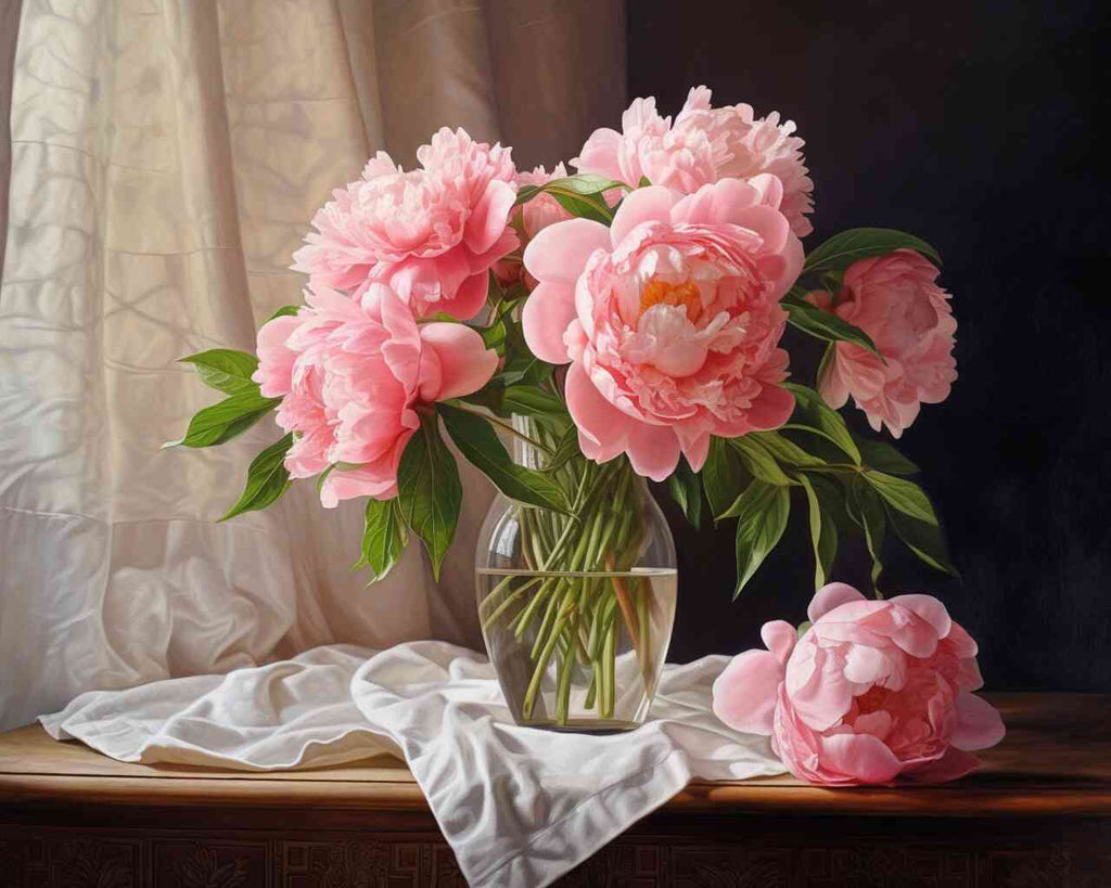 DIY Diamond Painting - Delicate Elegance pink peonies in glass vase against dark background, evoking beauty and tranquility in realist style.