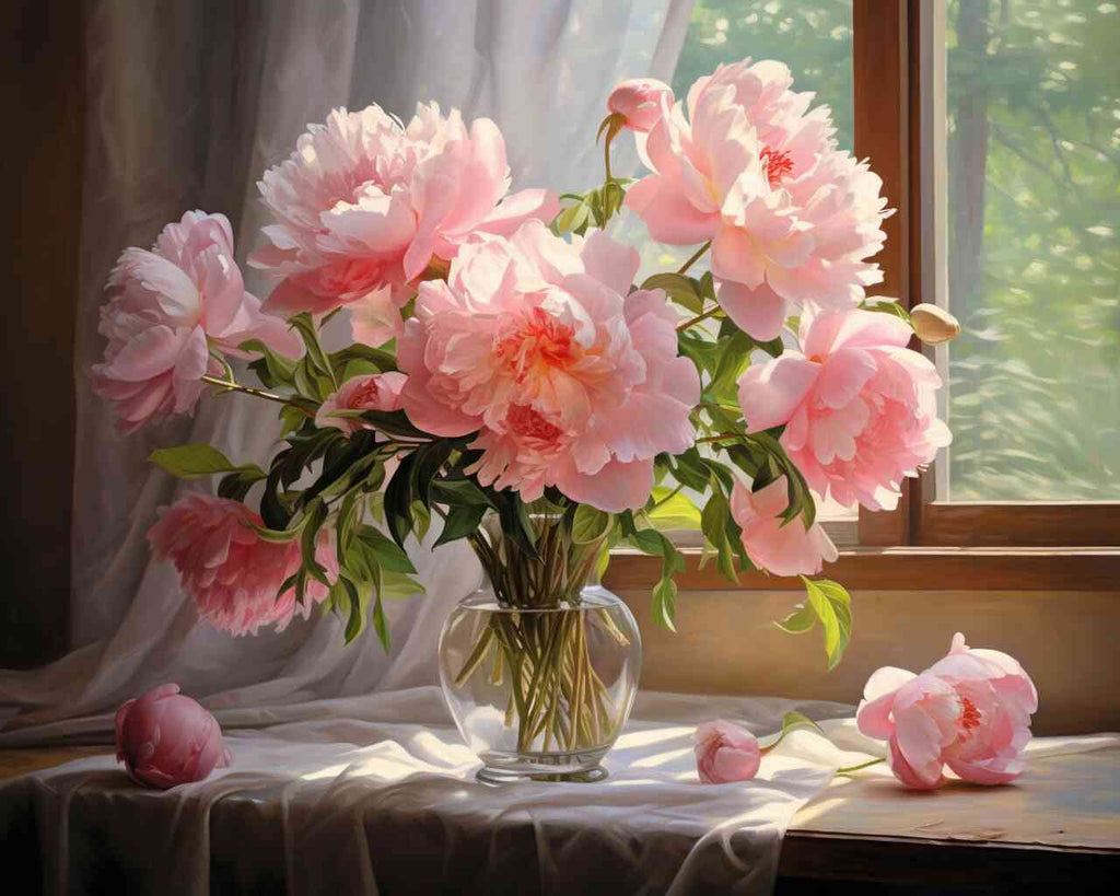 DIY Diamond Painting of pink and white peonies in glass vase bathed in morning light through window