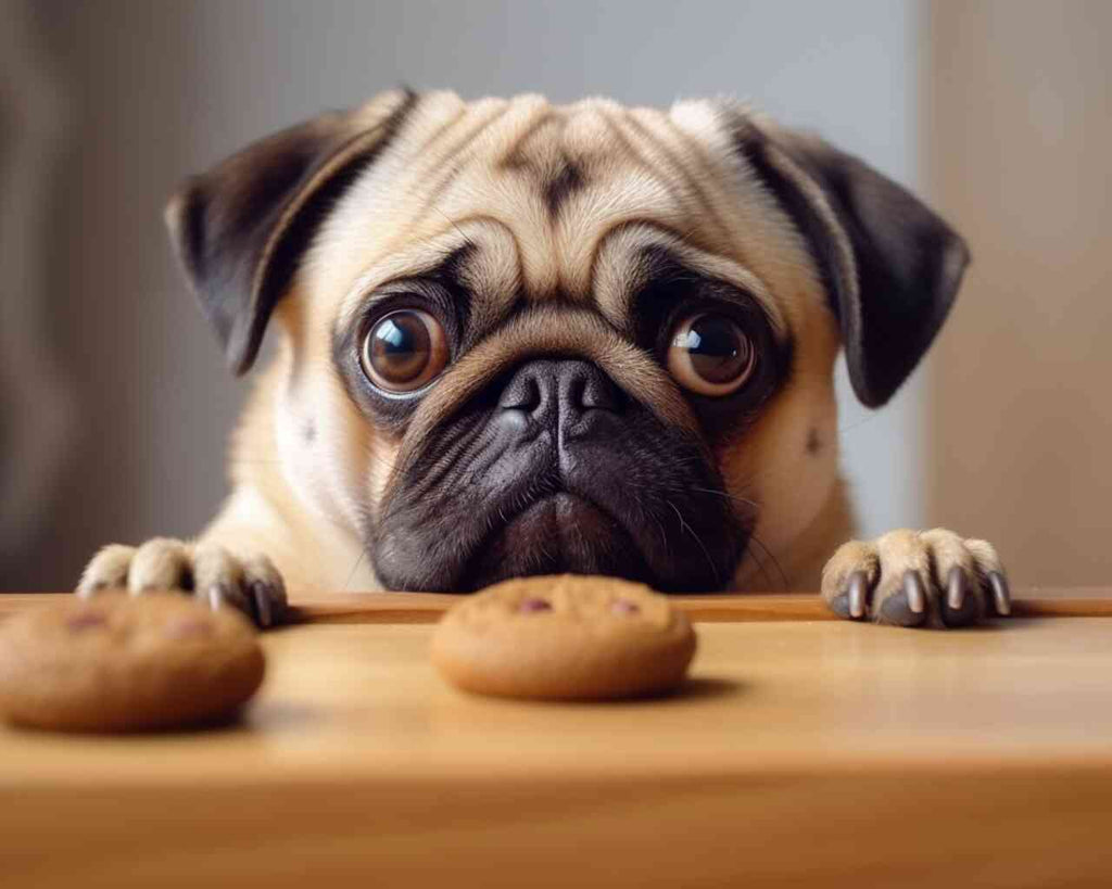 Pug with pleading eyes staring at two biscuits on a table, set against a backdrop of soft brown tones.