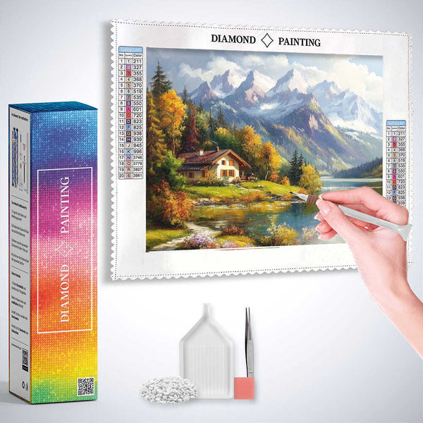 House at a mountain lake — Diamond Painting Kit, product view 3