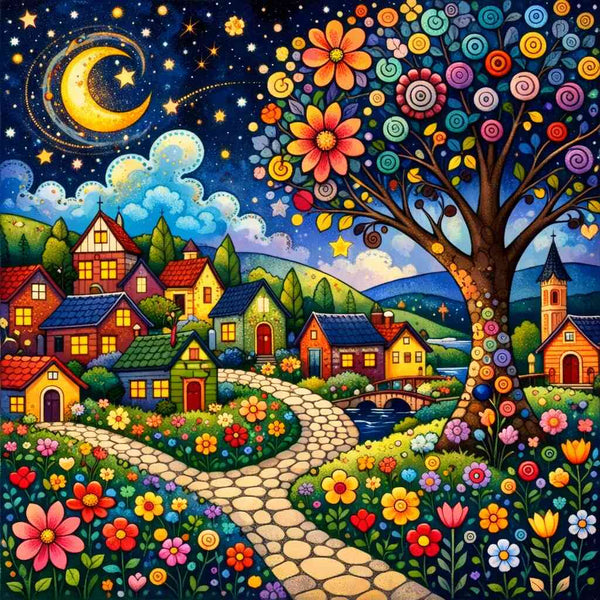 A Fairytale Night in the Flower Village — Diamond Painting Kit design