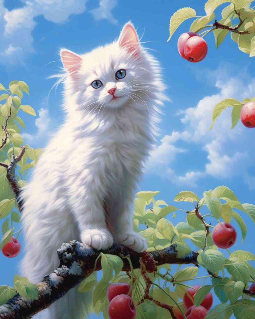 White kitten with blue eyes sitting on a branch with ripe apples against a bright blue sky in a DIY diamond painting titled "Heavenly Curiosity".