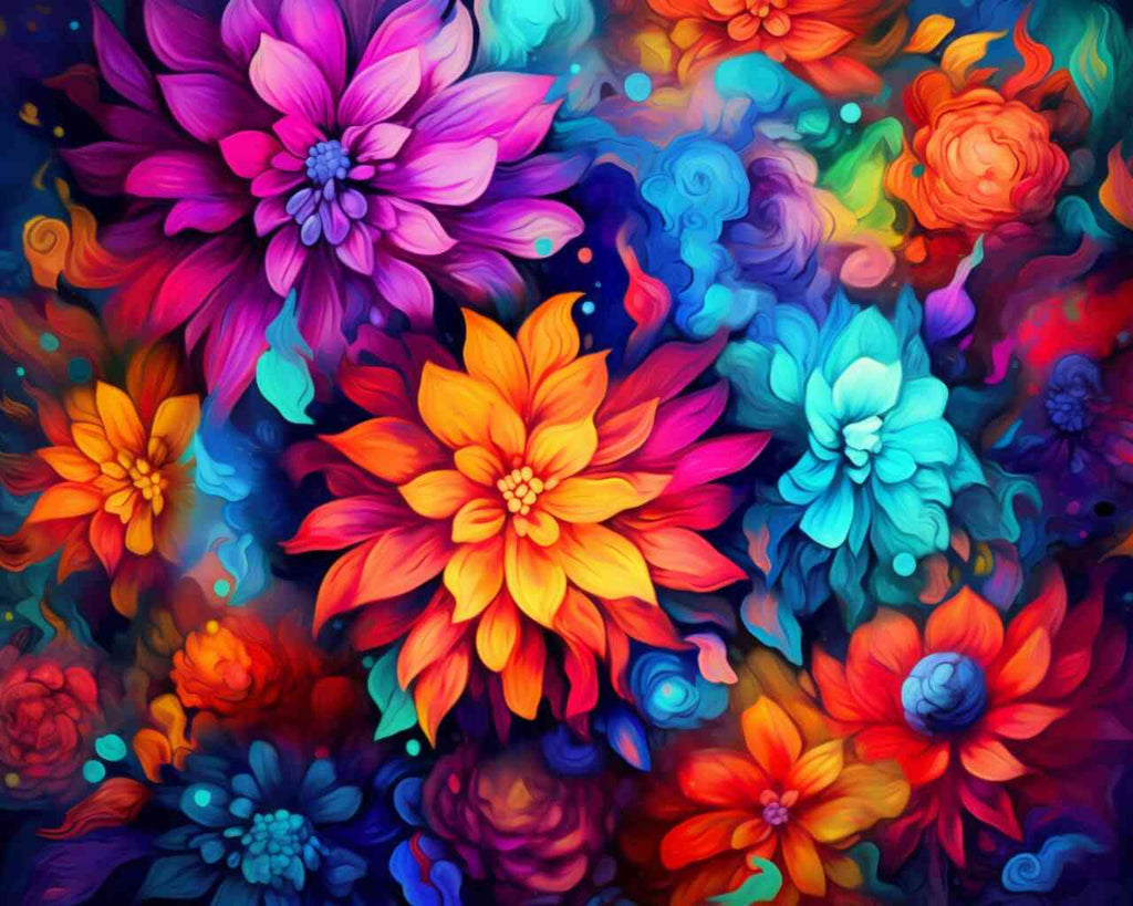 DIY Diamond Painting - Colorful sea of abstract flowers in vibrant hues with deep violet, fiery orange, and mysterious blue.