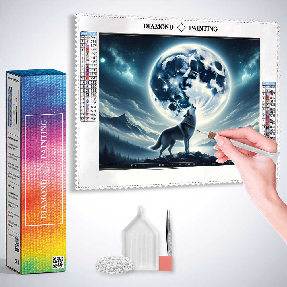 Wolf Howling at the Full Moon — Diamond Painting Kit, product view 3