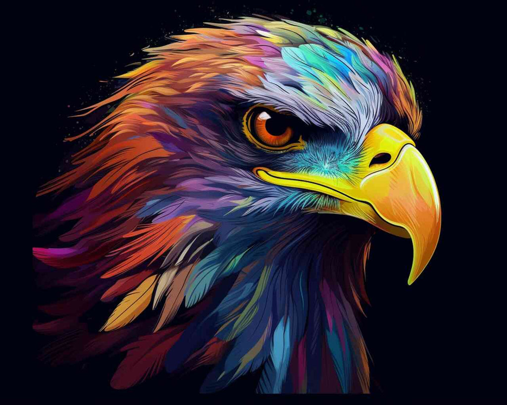 DIY Diamond Painting - Colourful Spirit featuring a vibrant eagle with sparkling eyes and feathers in a spectrum of brilliant colours