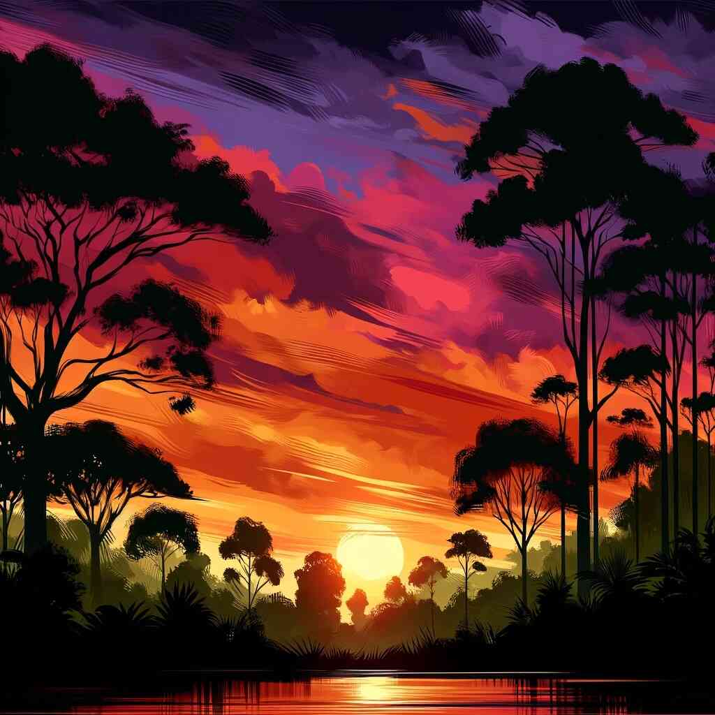 DIY diamond painting kit - Evening Glow in the Secret Forest with scarlet and purple sky reflecting on still waters surrounded by trees