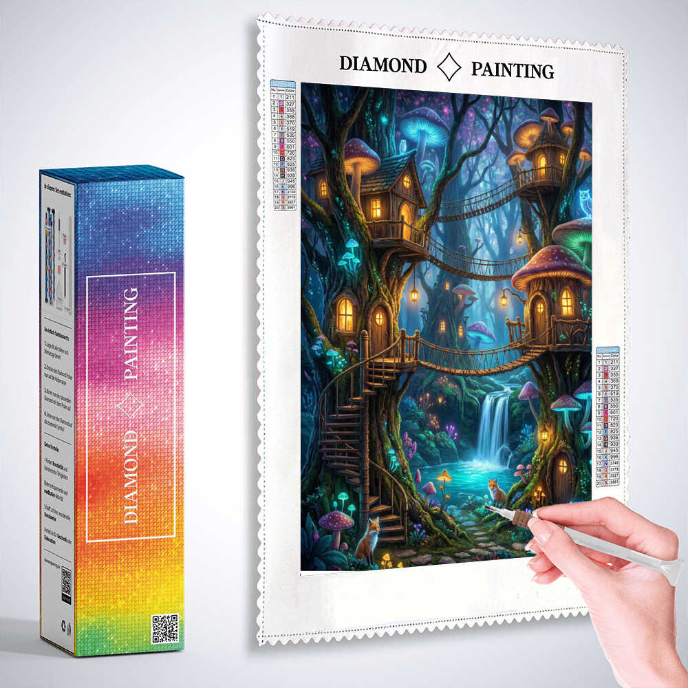 The Magical Forest Village at Night — Diamond Painting Kit, product view 3