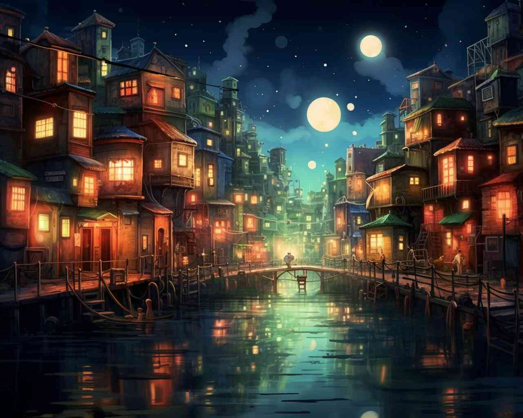 "DIY Diamond Painting - Moonlight whispers scene with glowing city lights reflecting in water under a full moon in a modern fantasy style"