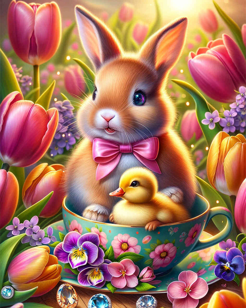 Bunny with bow, cup — Diamond Painting Kit design