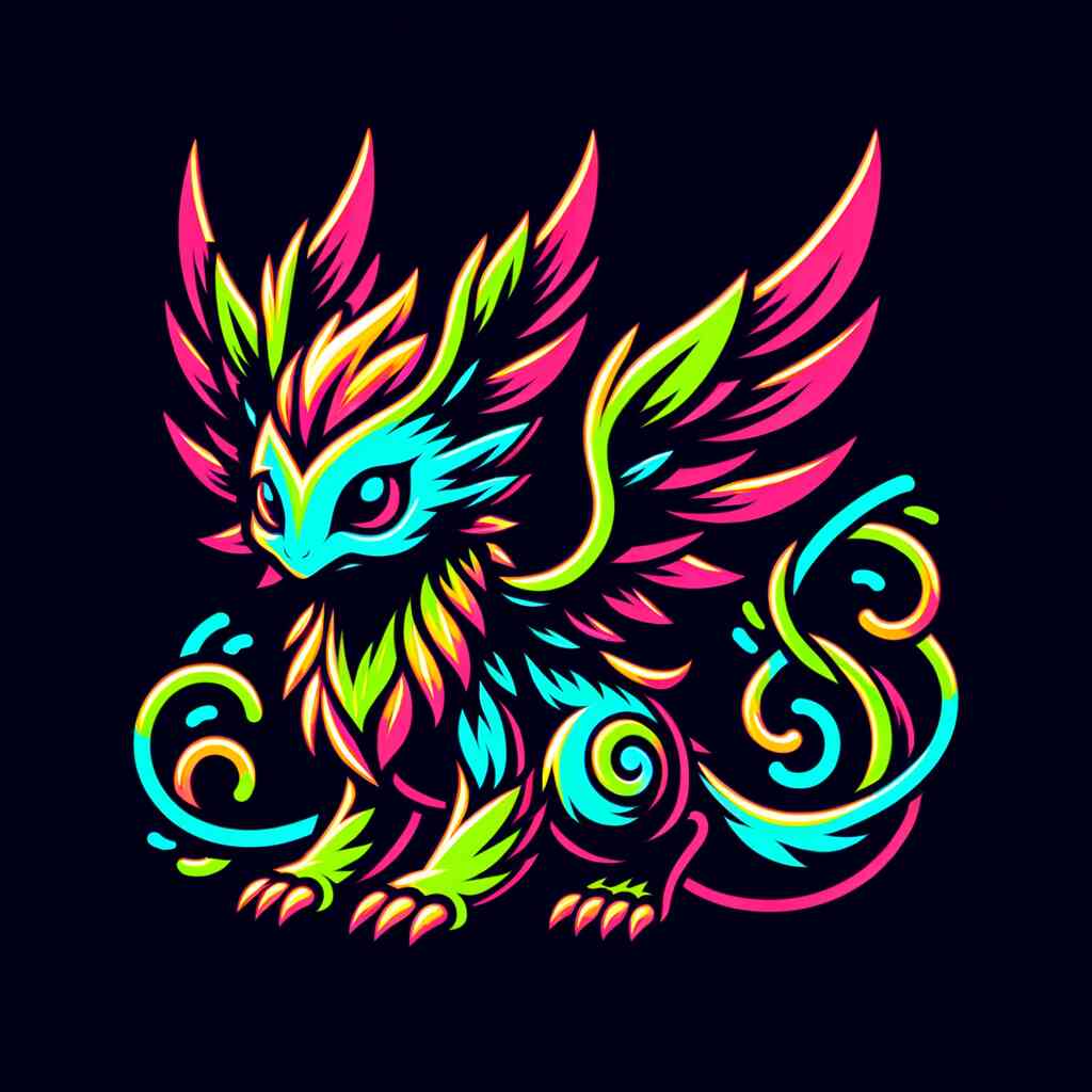 Neon illustrated mythical creature with blue, green, and pink feathers, featuring hypnotic eyes, epitomizing modern pop art in "Luminous Mysteries".