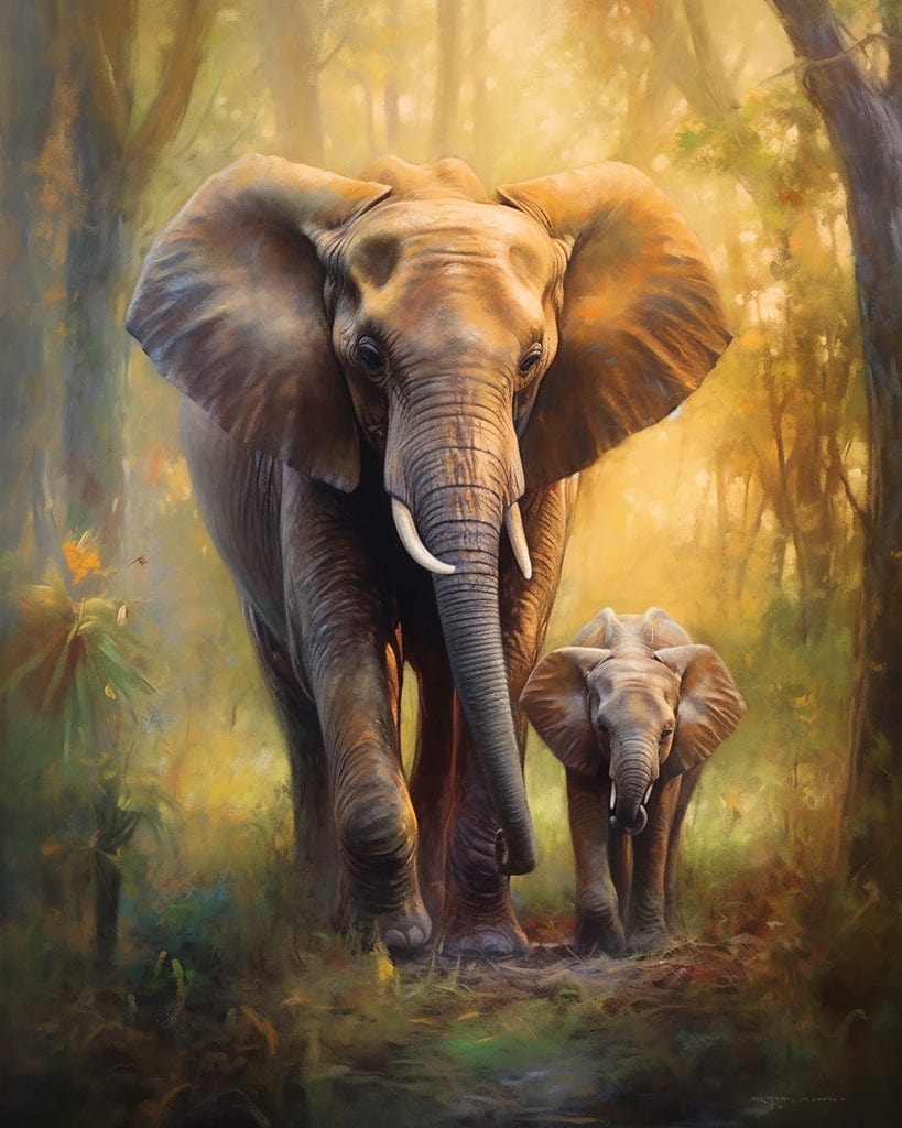 Elephant with calf, forest — Diamond Painting Kit design