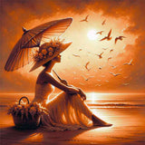 Woman on the beach with parasol and hat — Diamond Painting Kit design