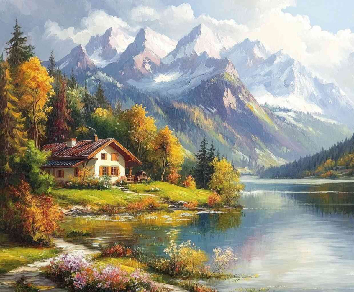 House at a mountain lake — Diamond Painting Kit design