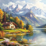 House at a mountain lake — Diamond Painting Kit design