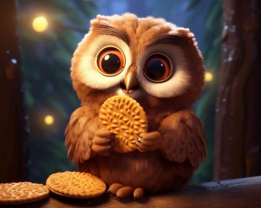 Adorable owl holding a cookie in a warm, twilight setting with sparkles, evoking feelings of wonder and security.