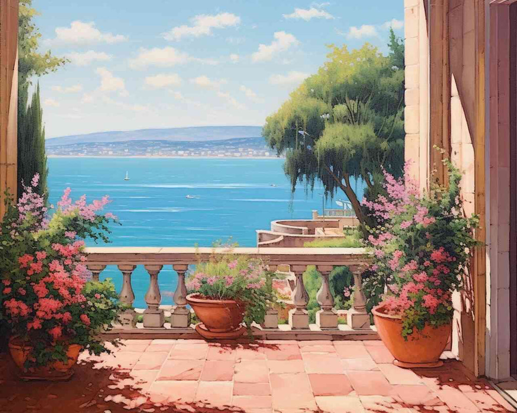 Mediterranean Whispers diamond painting kit with pastel flowerpots on a stone terrace overlooking azure sea and sailing boats.