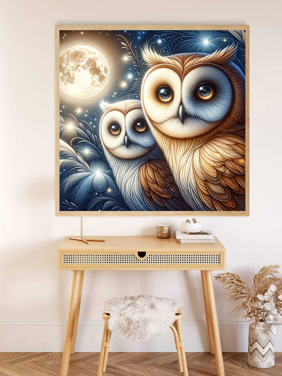 Owl couple on branch in full moon — Diamond Painting Kit, product view 2