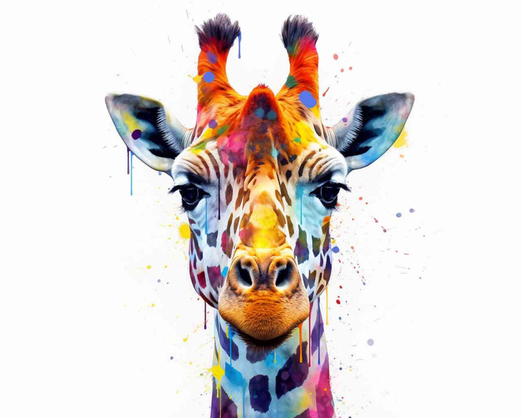 DIY Diamond Painting - Colour explosion featuring a giraffe with vivid splashes of blue, yellow, and red.