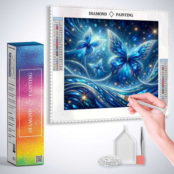 Three blue butterflies — Diamond Painting Kit, product view 3