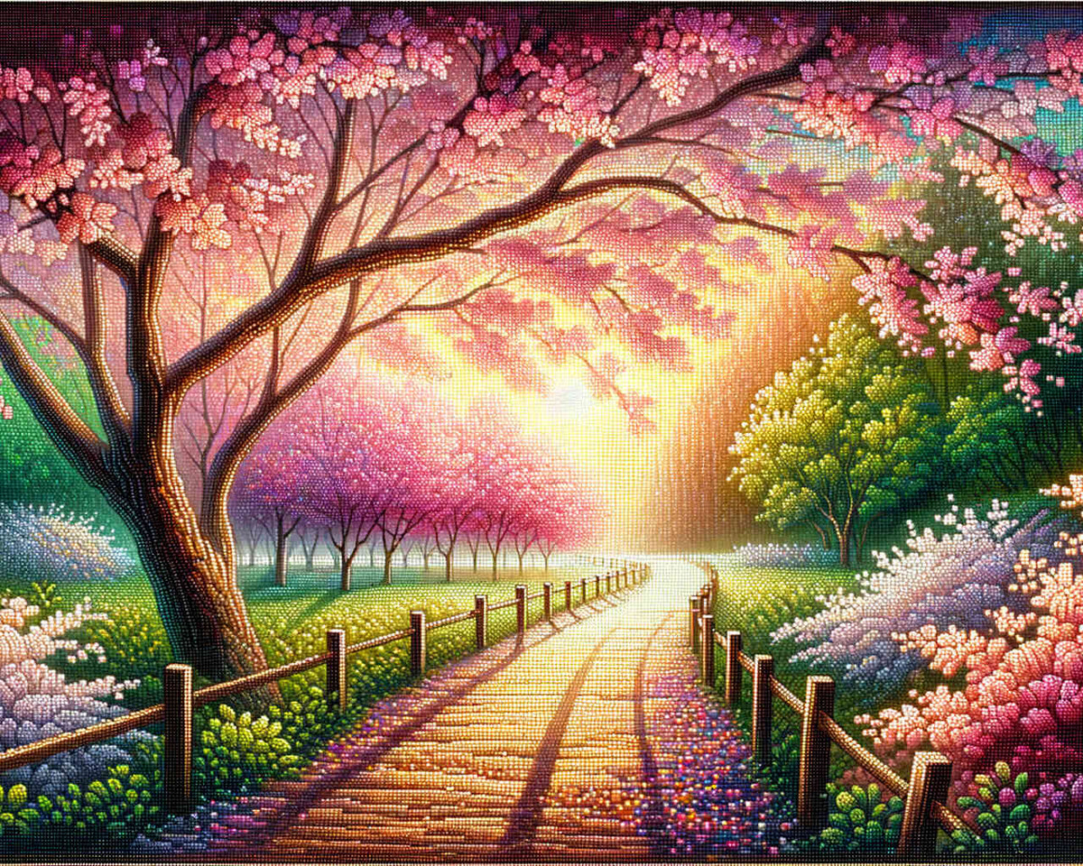 The Romantic Cherry Blossom Path — Diamond Painting Kit design
