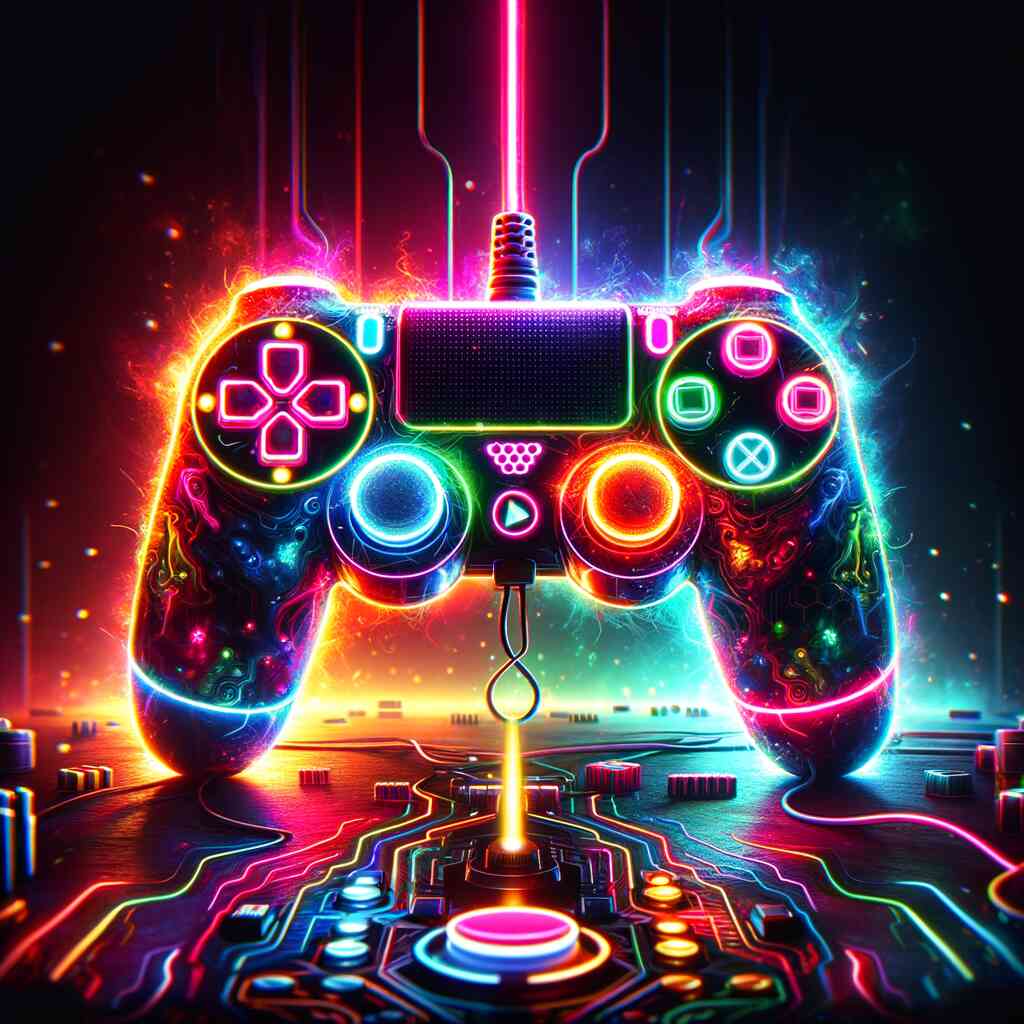 Neon gaming controller on a futuristic circuit board, glowing with vibrant colors in the DIY Diamond Painting titled "Neon Symphony of Play".
