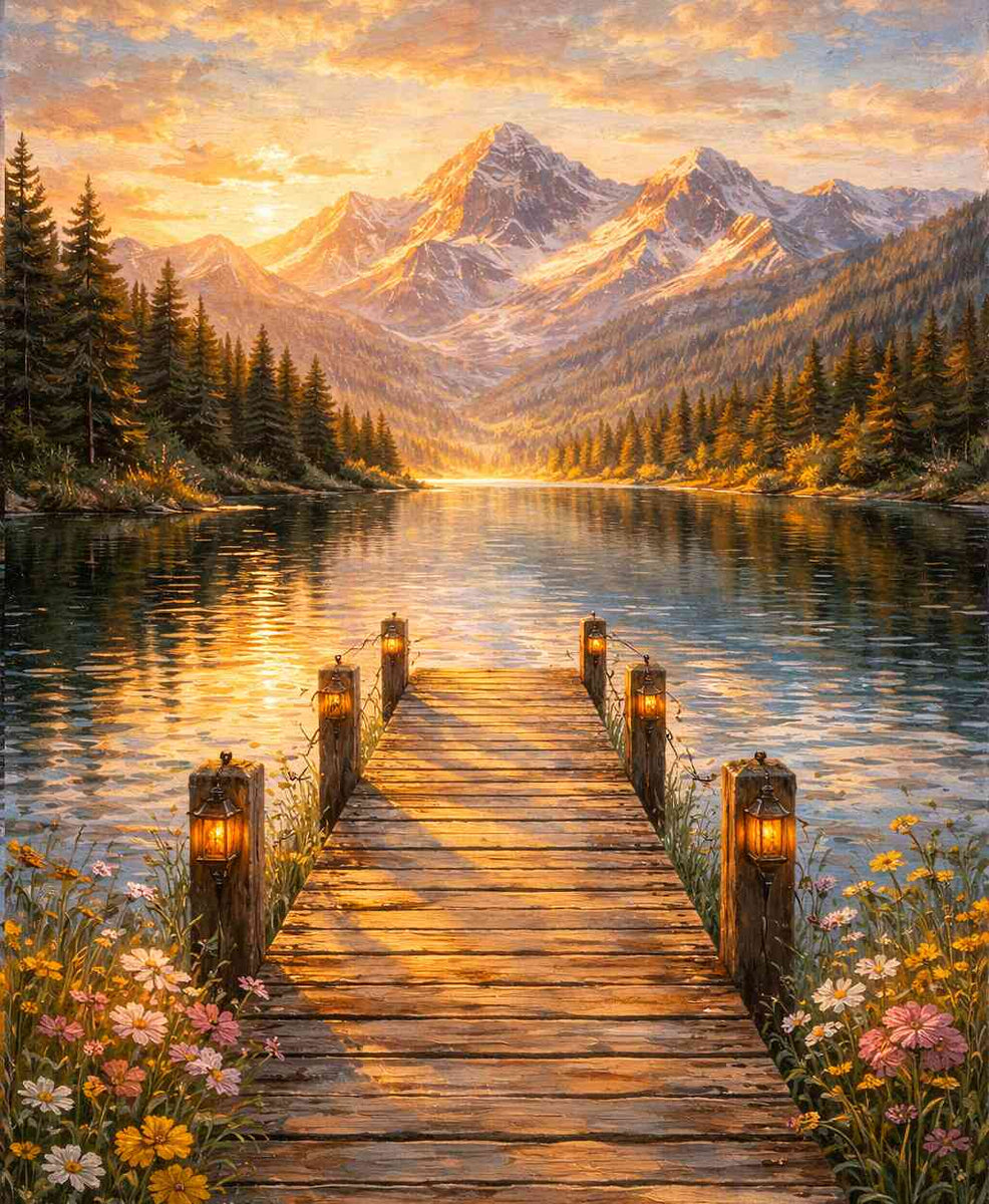 Golden Stillness at the Lake — Diamond Painting Kit design