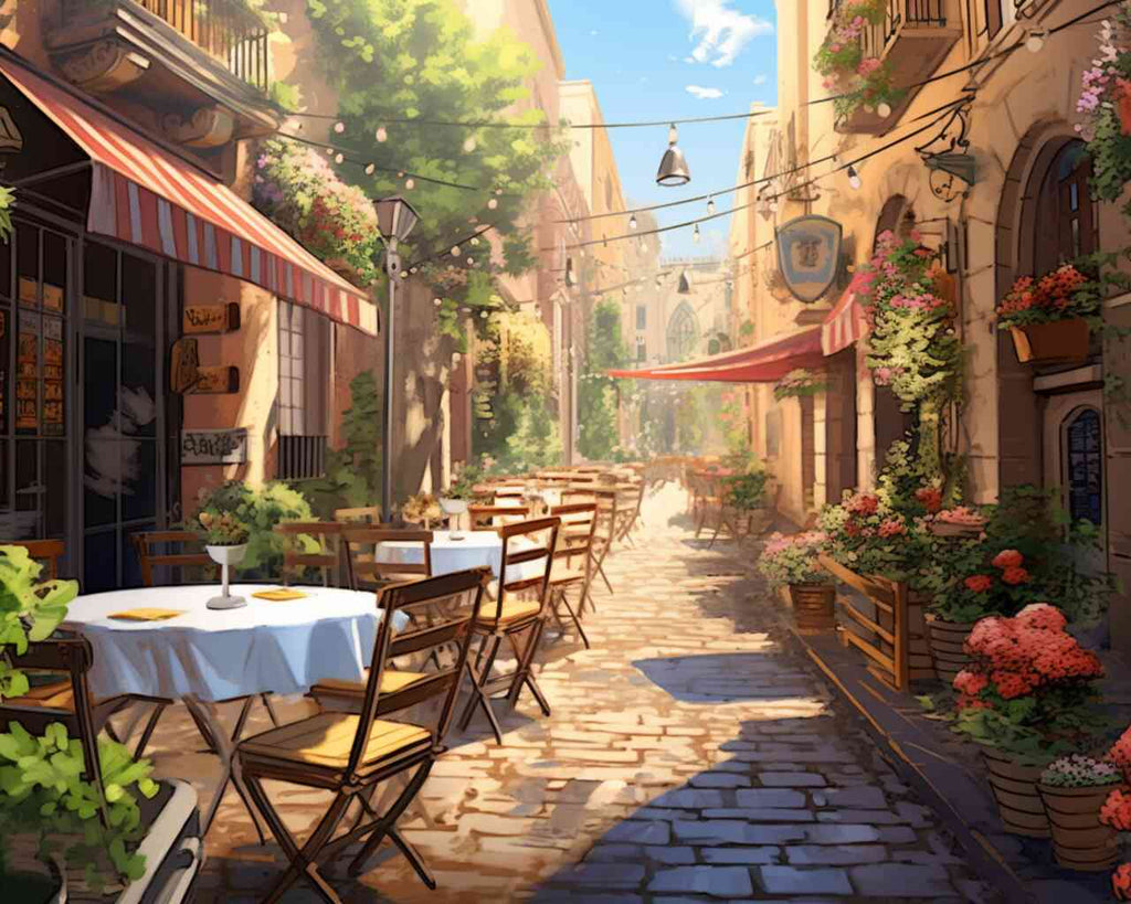 Sunlit Mediterranean street with blooming flowers, terracotta facades, shaded spots, and outdoor restaurant invoking peace and romance.