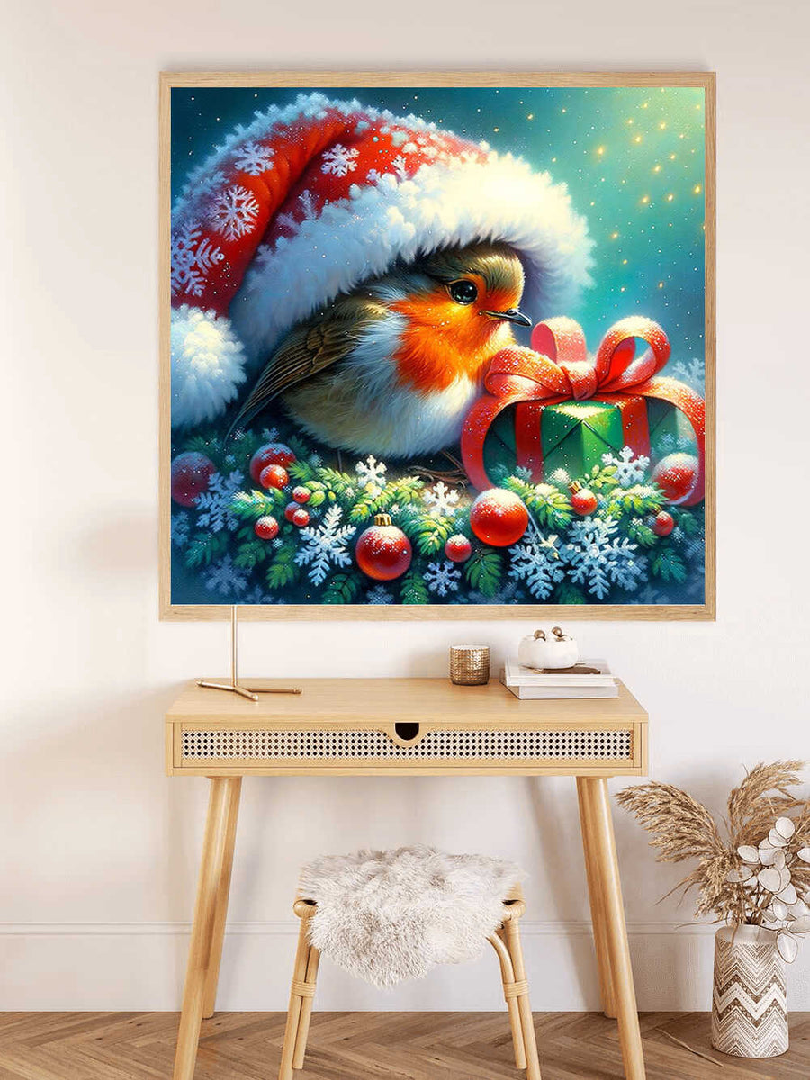 Robin with Christmas hat — Diamond Painting Kit, product view 2