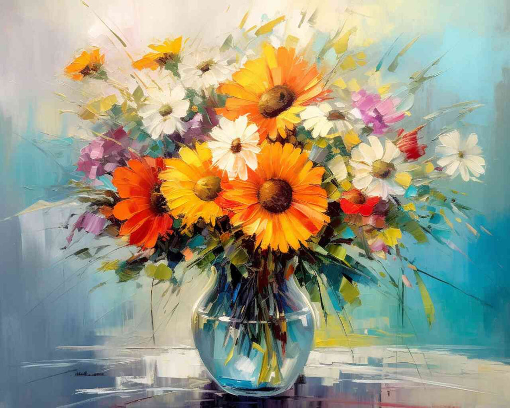 DIY Diamond Painting "Colorful Joy in a Glass" featuring vibrant flowers in yellow, orange, white, and red for an impressionistic style.