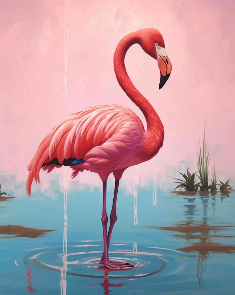 Elegant flamingo in calm waters, surrounded by twilight hues. DIY diamond painting with shades of pink and sky blue.