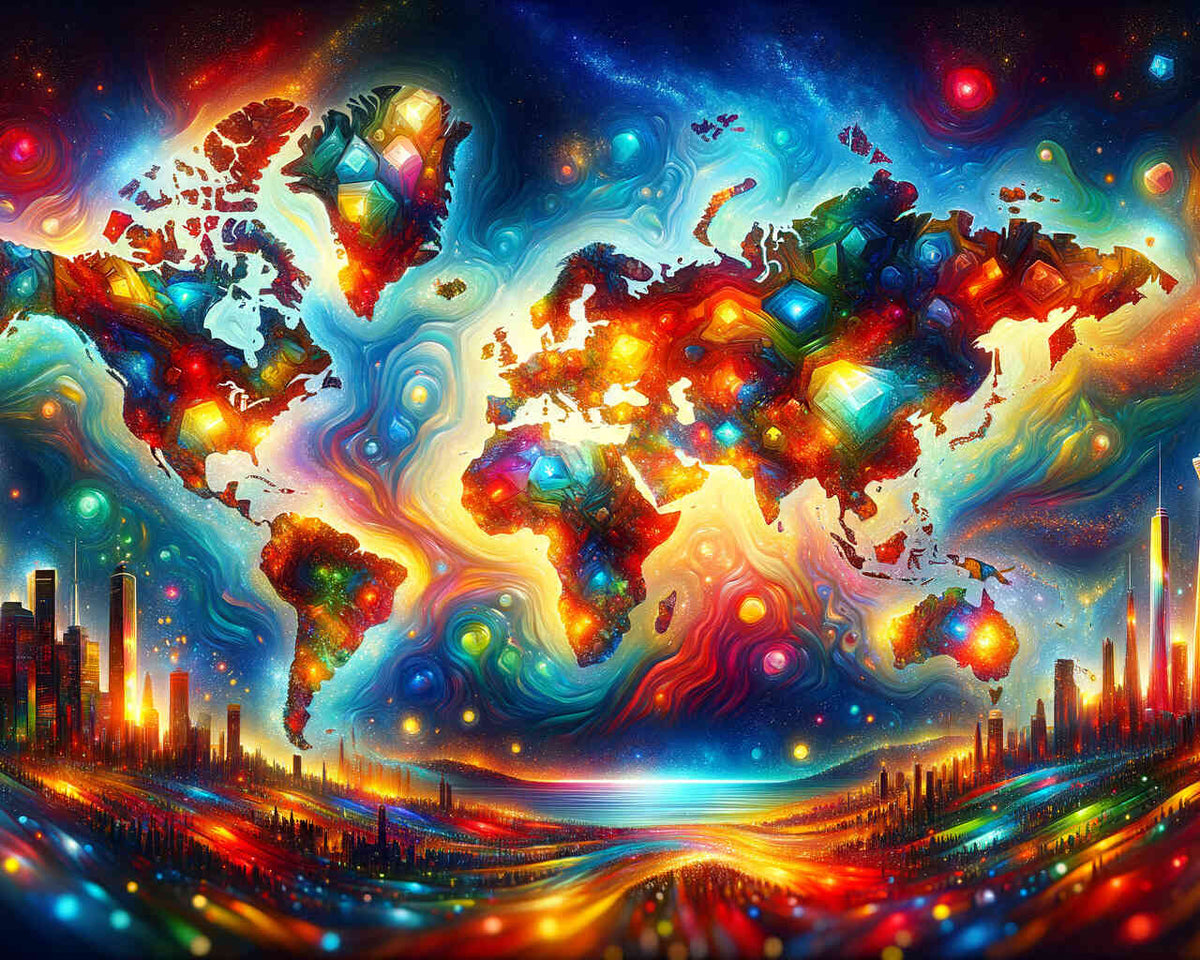 Colorful World Map with Landmarks — Diamond Painting Kit design