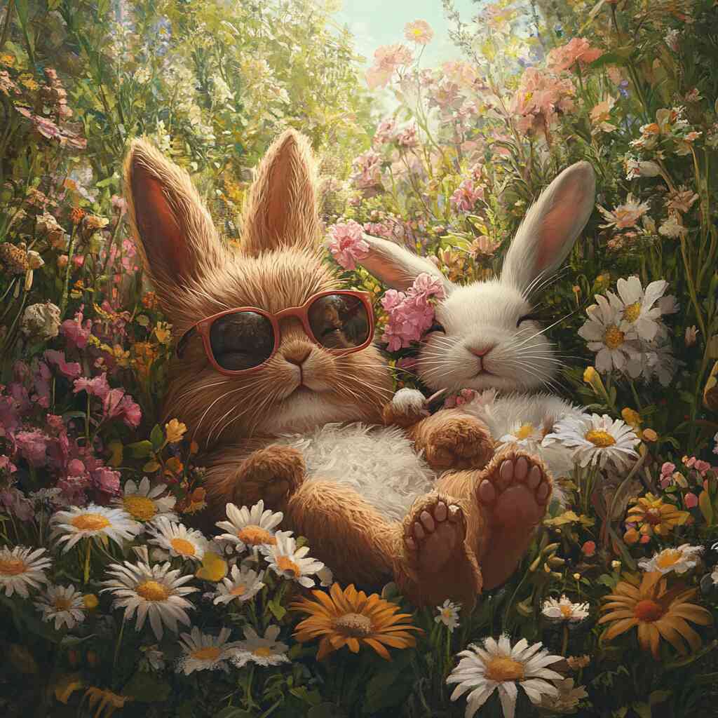 Bunnies Sunbathing in the Flowers — Diamond Painting Kit design