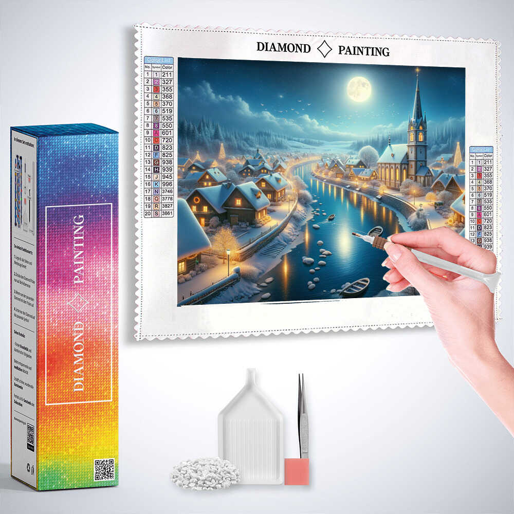 Winter Village by the River — Diamond Painting Kit, product view 2