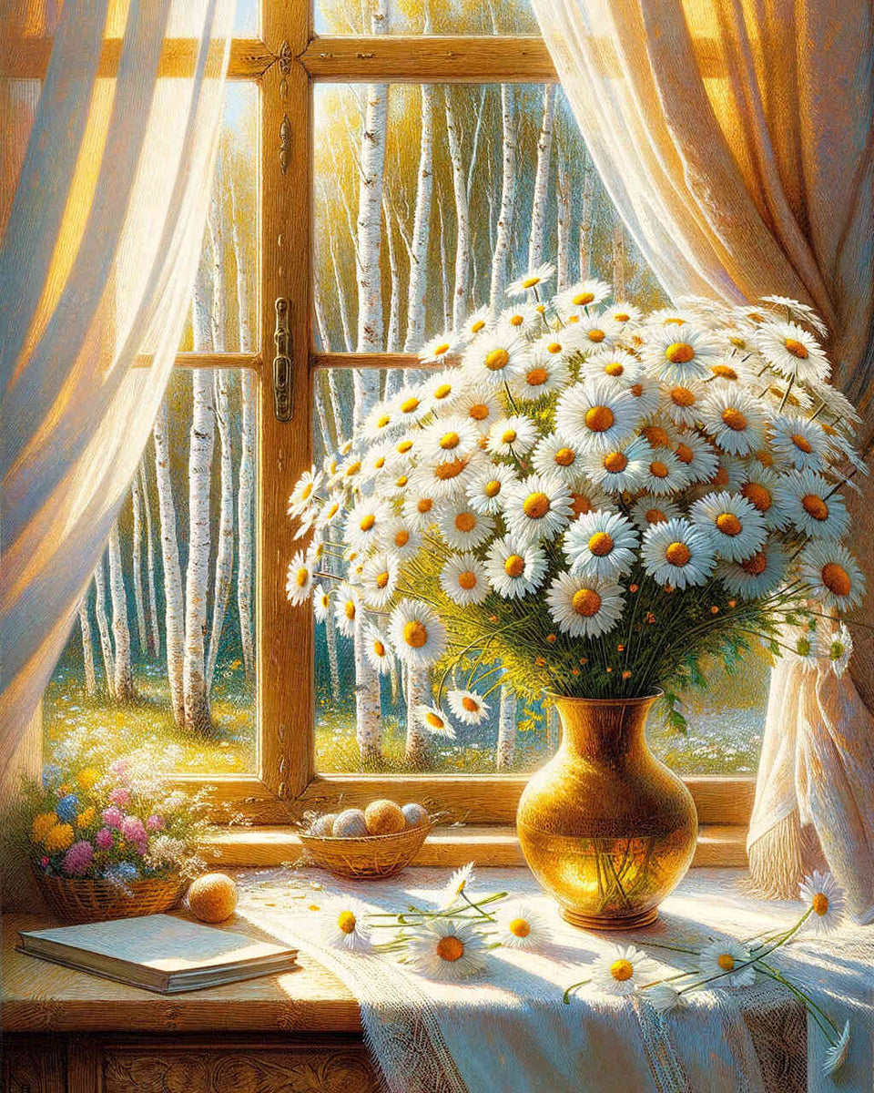 Bouquet of daisies at the window — Diamond Painting Kit design
