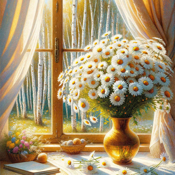 Bouquet of daisies at the window — Diamond Painting Kit design