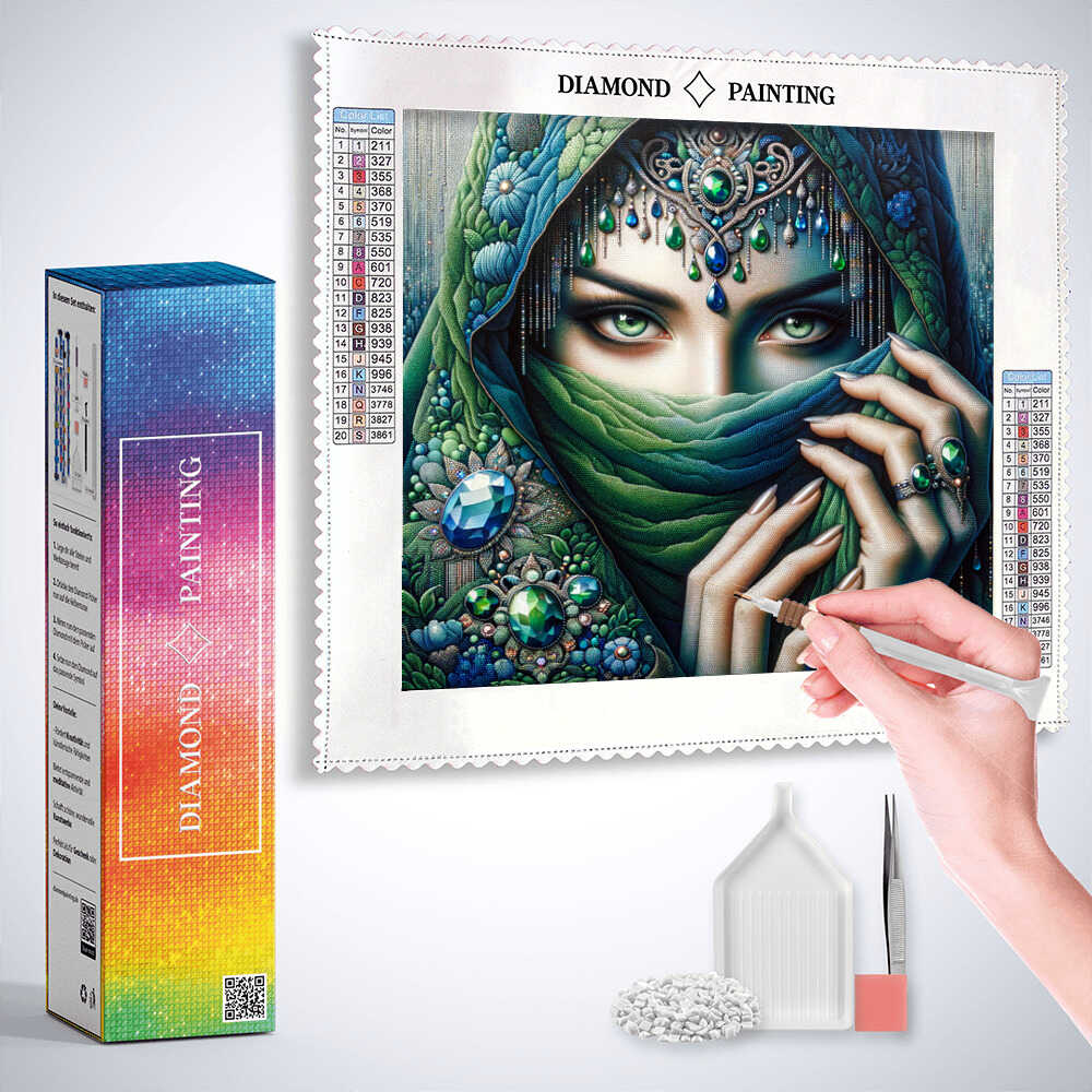 Woman with scarf, green and blue — Diamond Painting Kit, product view 3