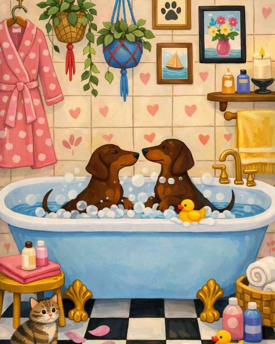Dachshund Bubble Bath — Diamond Painting Kit design