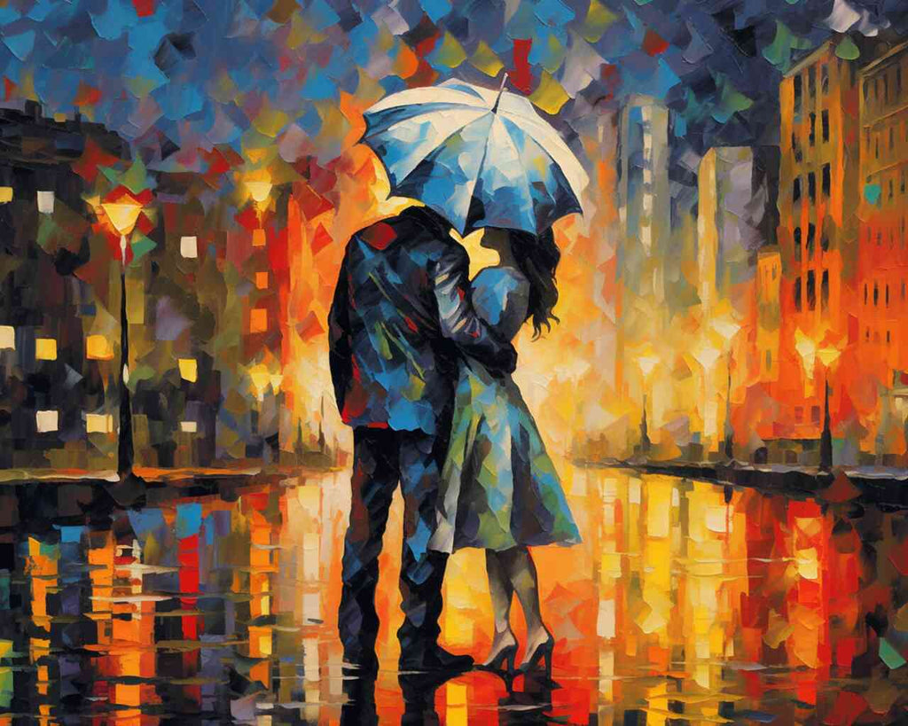 Couple embracing under an umbrella in a rain-soaked city center with gold and red tones reflecting in puddles, showcasing romantic urban scenery.