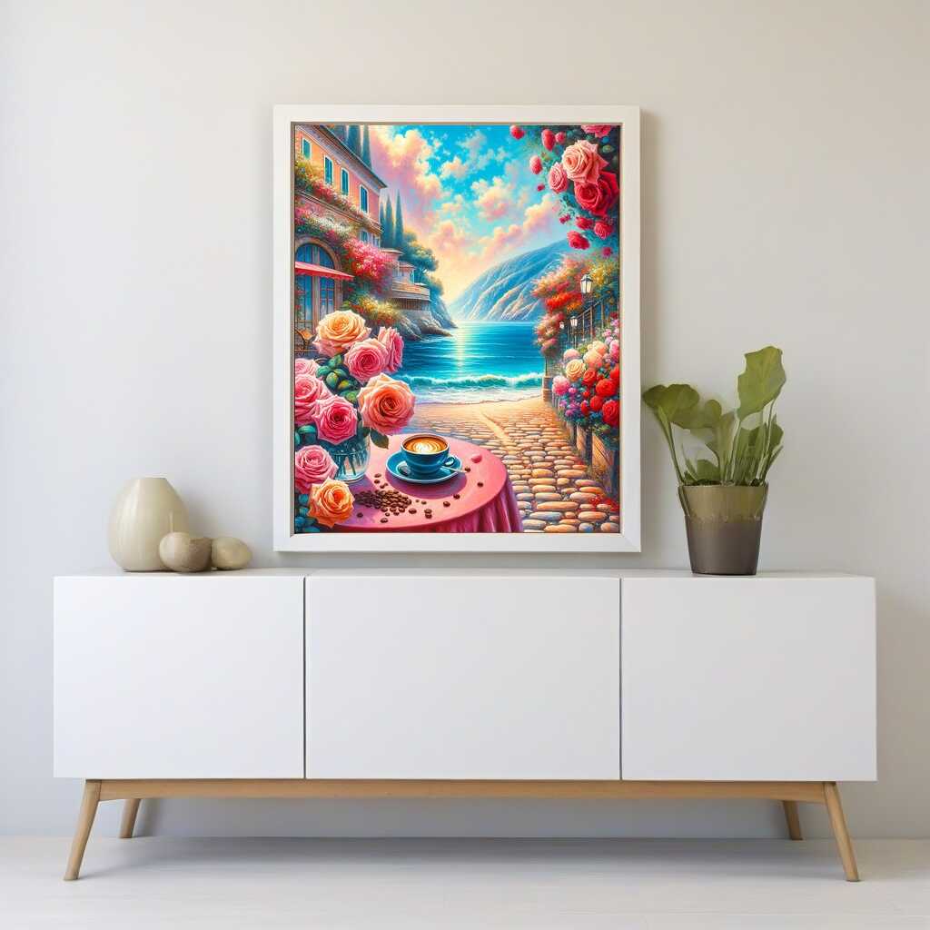Coffee by the sea rosebushes — Diamond Painting Kit, product view 2