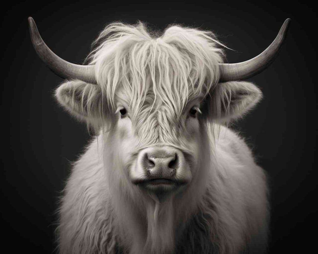 Monochrome highland cattle with thick white fur and sharp horns, conveying peace and nature's beauty in a realistic style, "Whispering Silence".