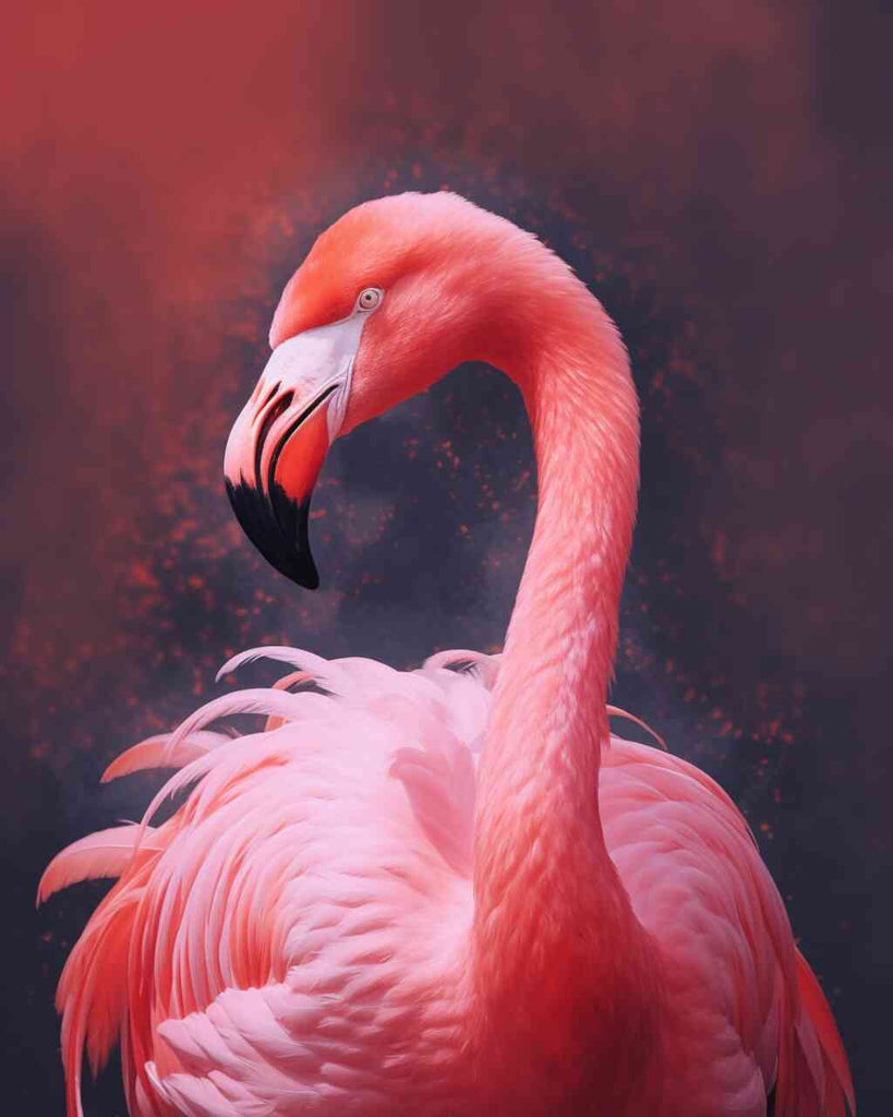 Realistic DIY Diamond Painting of a graceful flamingo with coral plumage against a sensual red background, embodying nature's majesty.